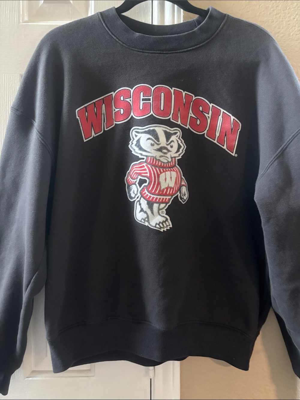 Hollister Black Crewneck Sweatshirt with Red Wisconsin Graphic